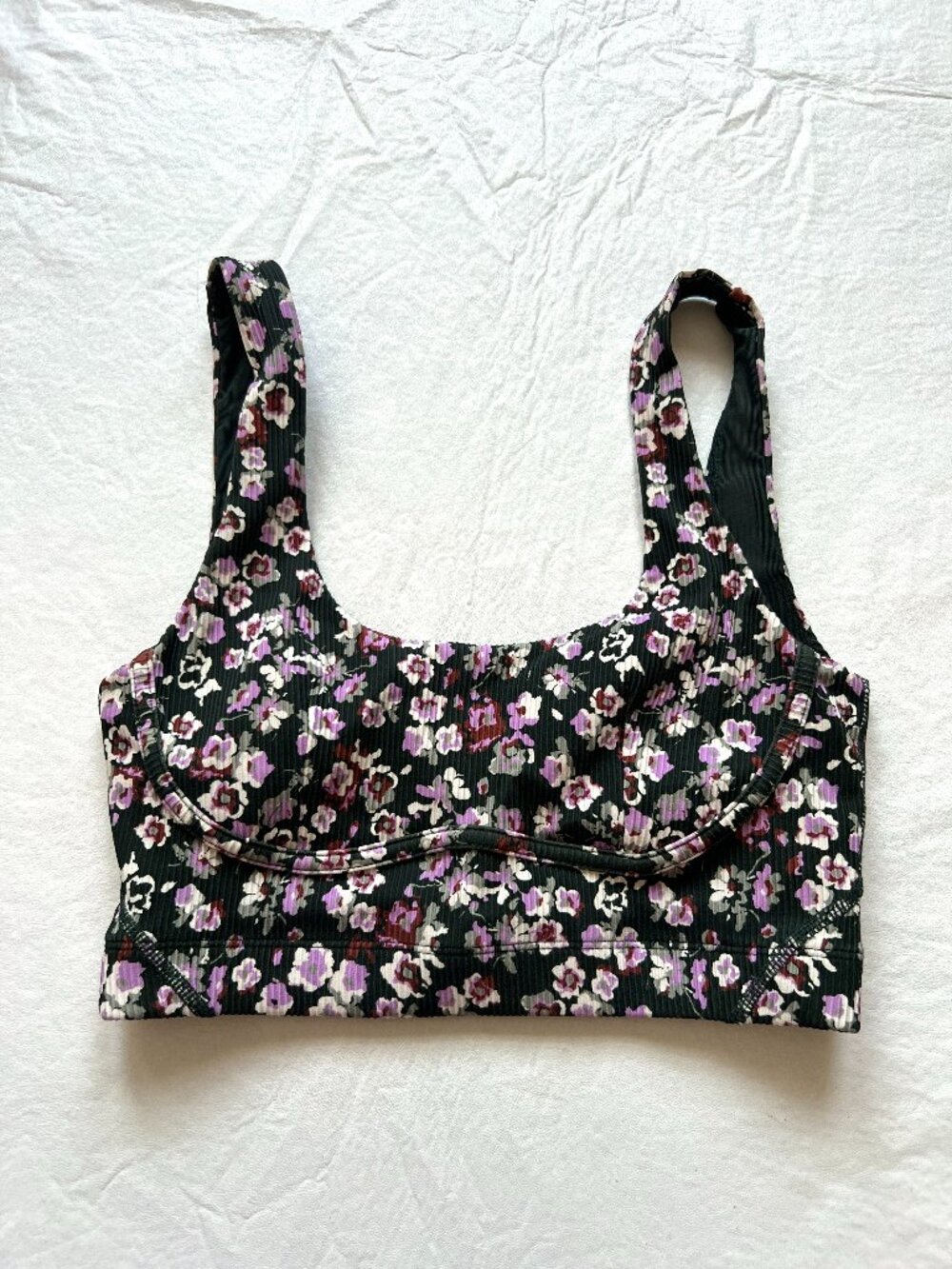 Cream Yoga sports bra womens Small dark green purple floral ribbed longline